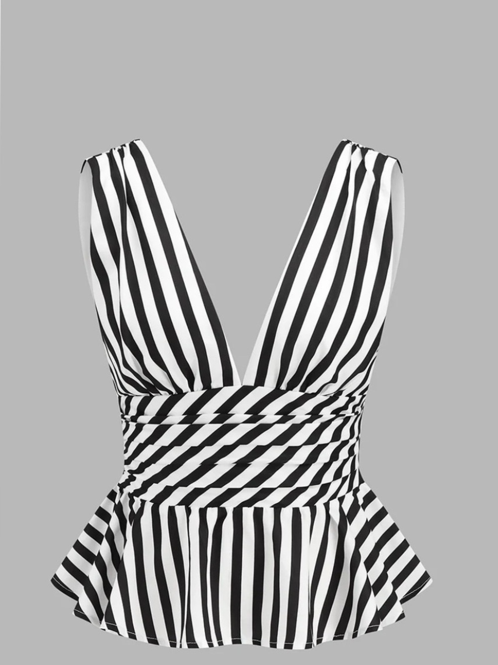 COMMENSE Sleeveless Black & White Stripe V-Neck Peplum Dress
